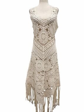 Miss June Natural Crochet Sleeveless Fringe Dress Size 2